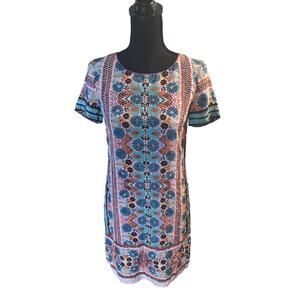 Kachel Anthropologie Silk Boho Shift Dress – Printed, Short Sleeve